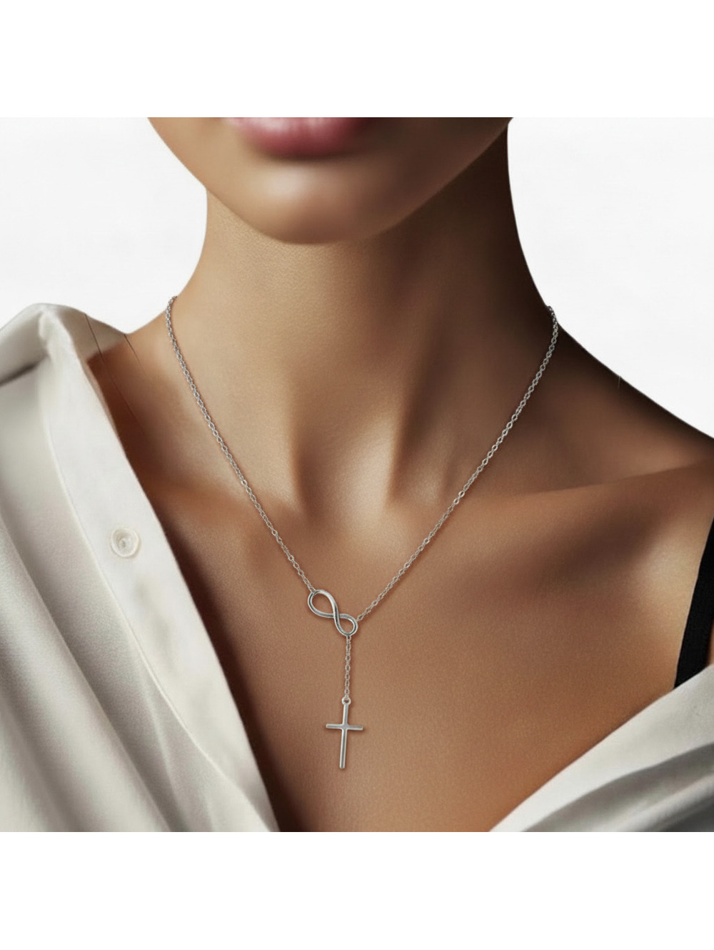 Silver Toned Metal Cross Infinity Necklace Womens Jewelry Casual Faith Gift New